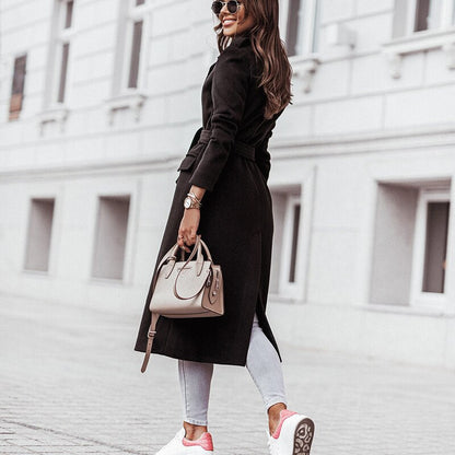 Elegant Women's Longline Formal Coat with Waist Belt and Notch Lapel