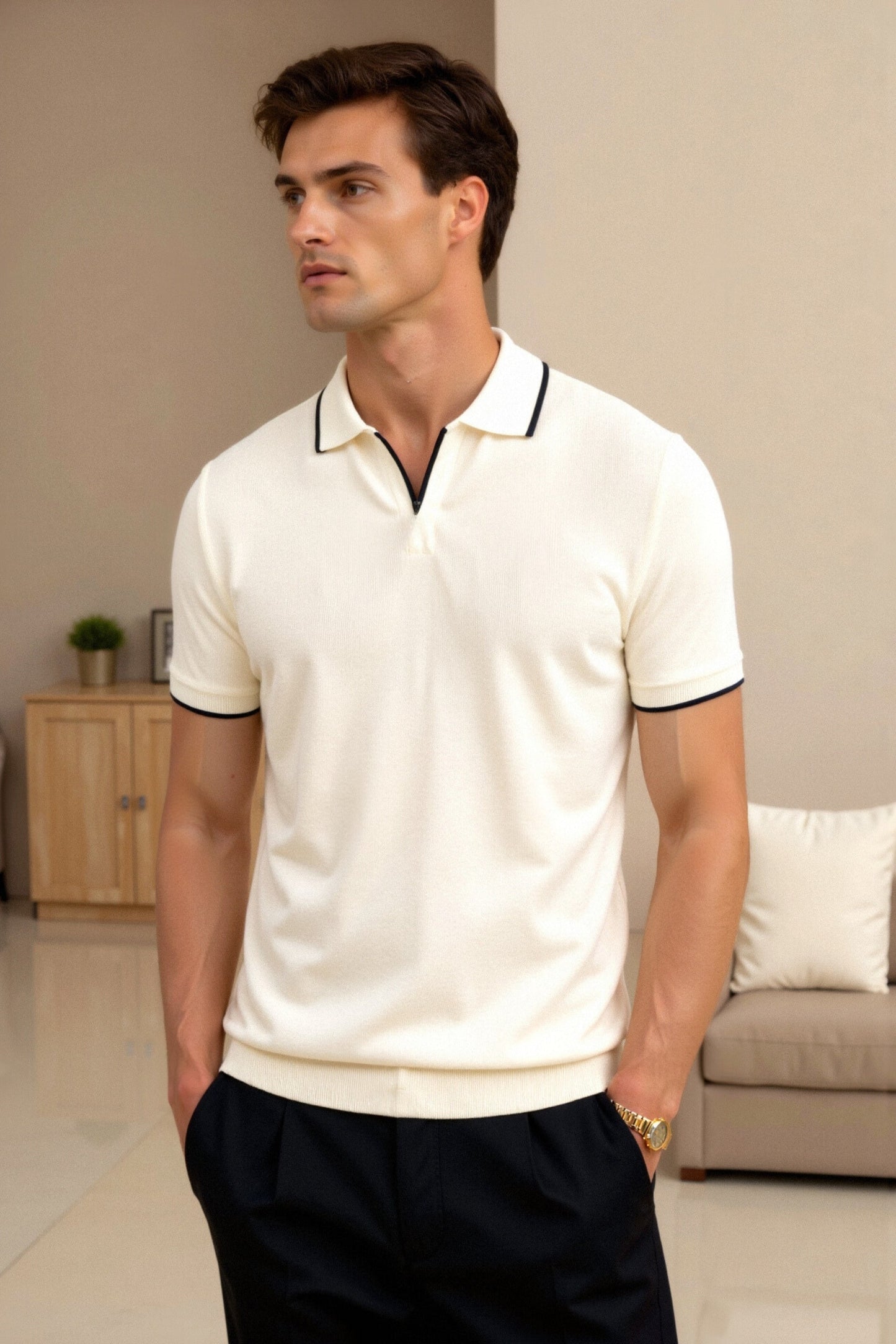 Men's V-Neck Cotton Polo Shirt with Trendy Contrast Trim - Stylish Casual Wear