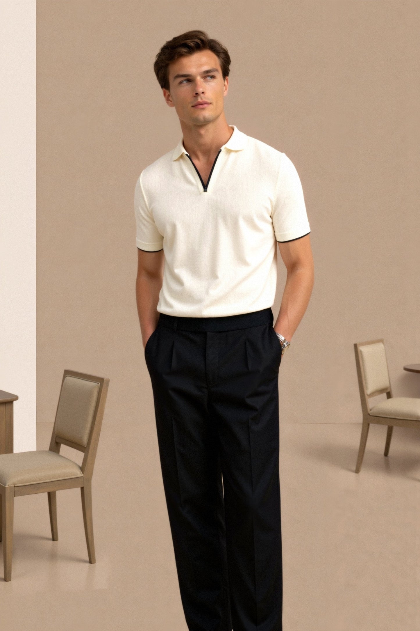 Men's V-Neck Cotton Polo Shirt with Trendy Contrast Trim - Stylish Casual Wear