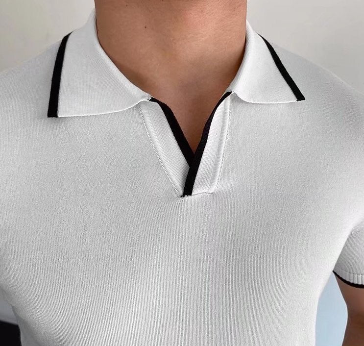 Men's V-Neck Cotton Polo Shirt with Trendy Contrast Trim - Stylish Casual Wear