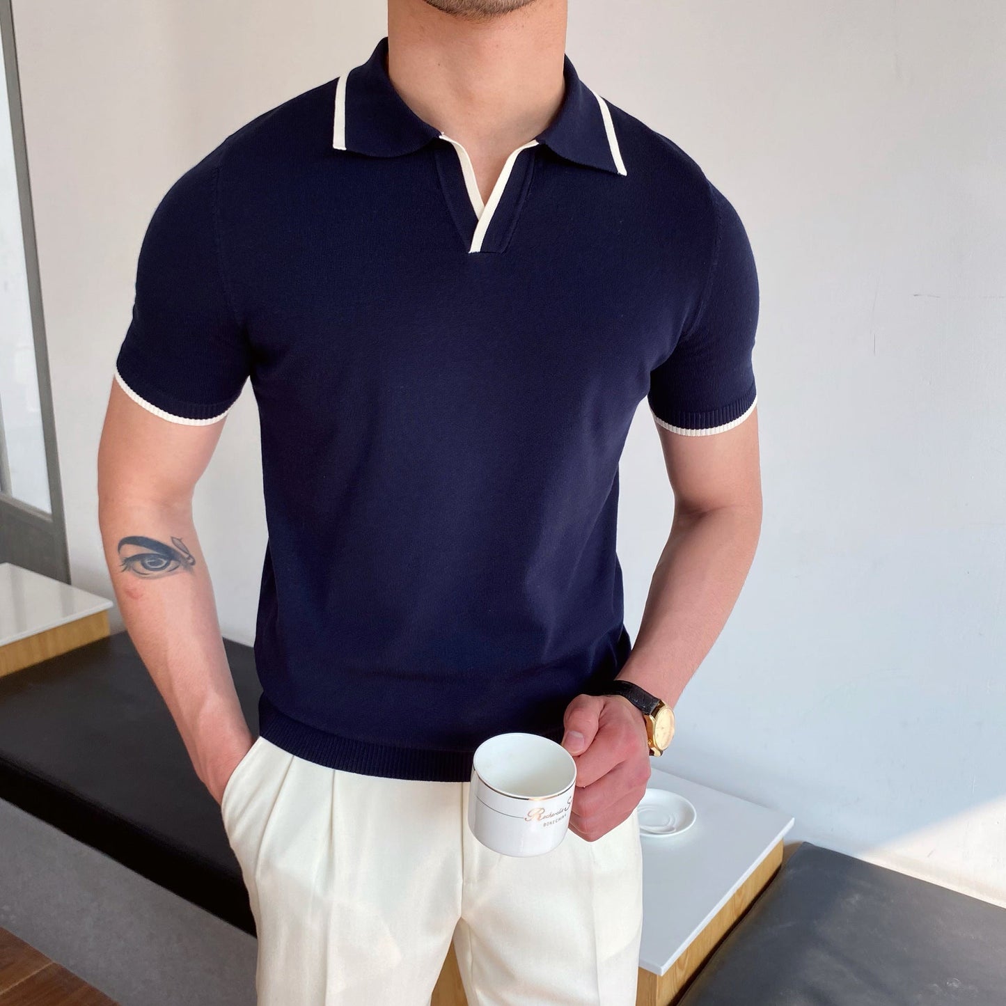 Men's V-Neck Cotton Polo Shirt with Trendy Contrast Trim - Stylish Casual Wear