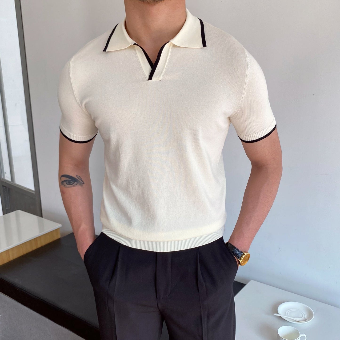 Men's V-Neck Cotton Polo Shirt with Trendy Contrast Trim - Stylish Casual Wear