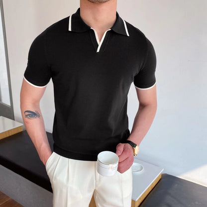 Men's V-Neck Cotton Polo Shirt with Trendy Contrast Trim - Stylish Casual Wear
