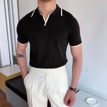 Men's V-Neck Cotton Polo Shirt with Trendy Contrast Trim - Stylish Casual Wear