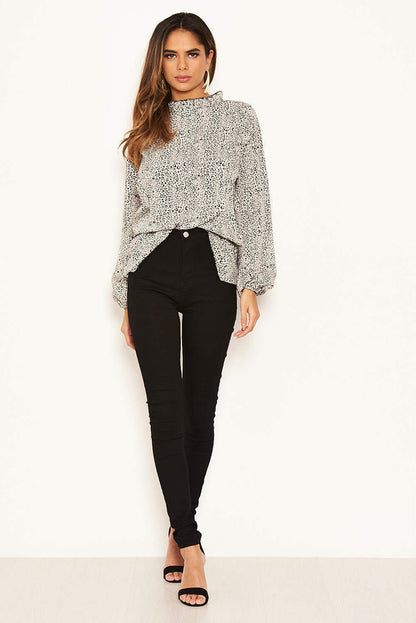 Cream High Neck Ruffle Blouse with Animal Print Design for Women