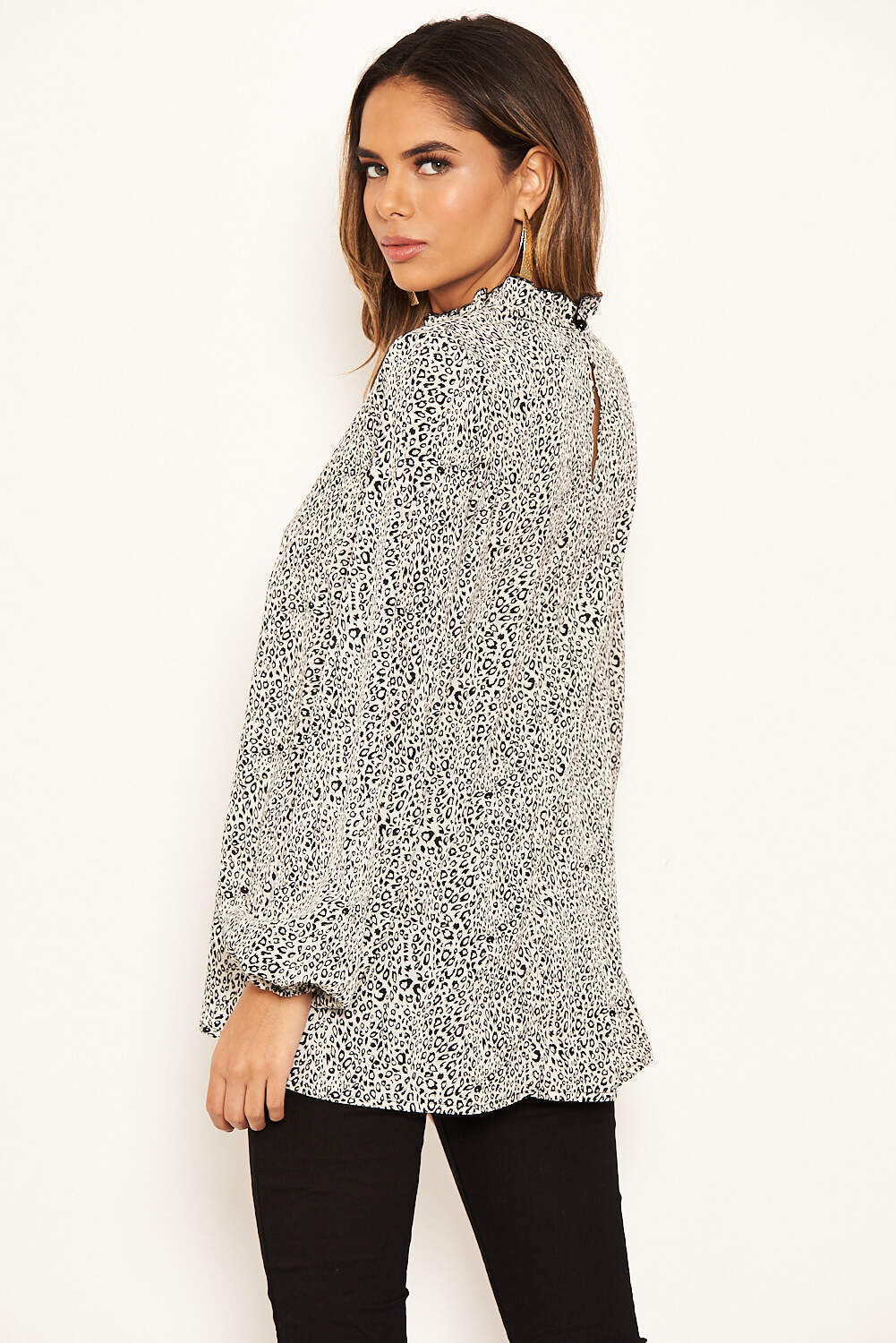 Cream High Neck Ruffle Blouse with Animal Print Design for Women