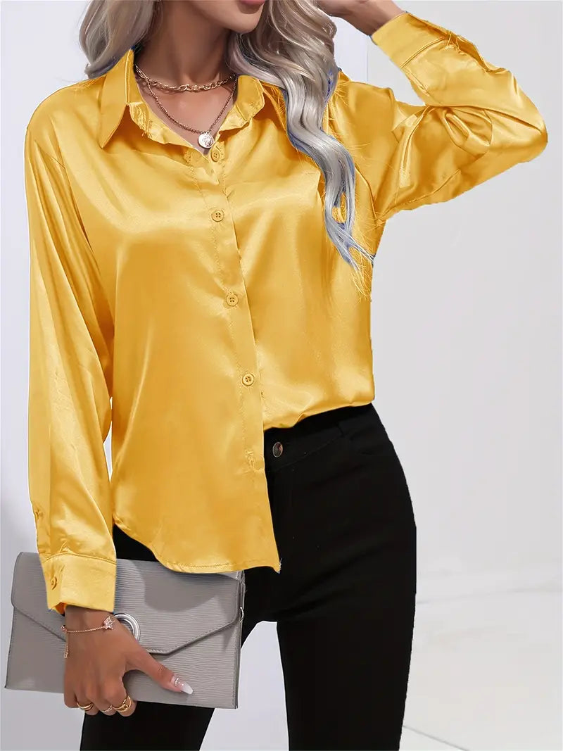 Celia - Luxe satin silk top with long sleeves and buttons