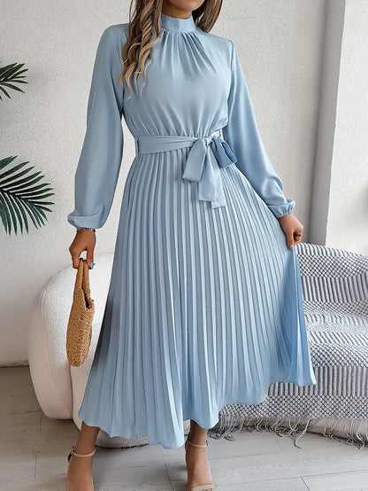 Elegant Women's Long-Sleeve Pleated Midi Dress with Adjustable Belted Waist