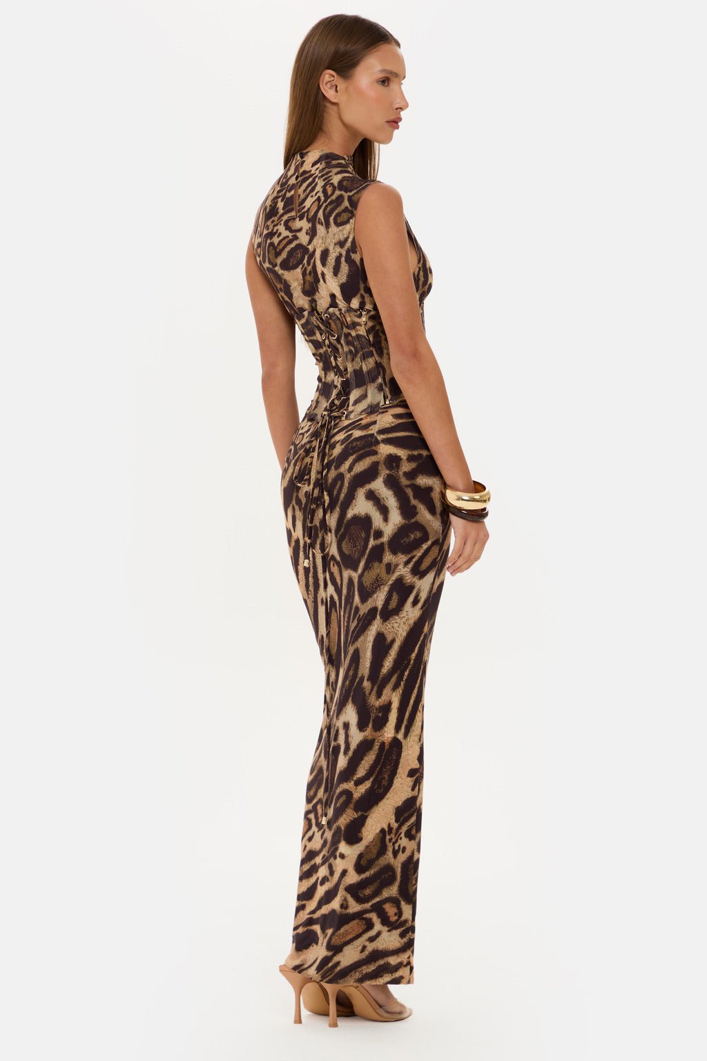 Women's Leopard Print Sleeveless Dress with Slim Waist and Drawstring - Long Commuter Skirt for Spring and Summer