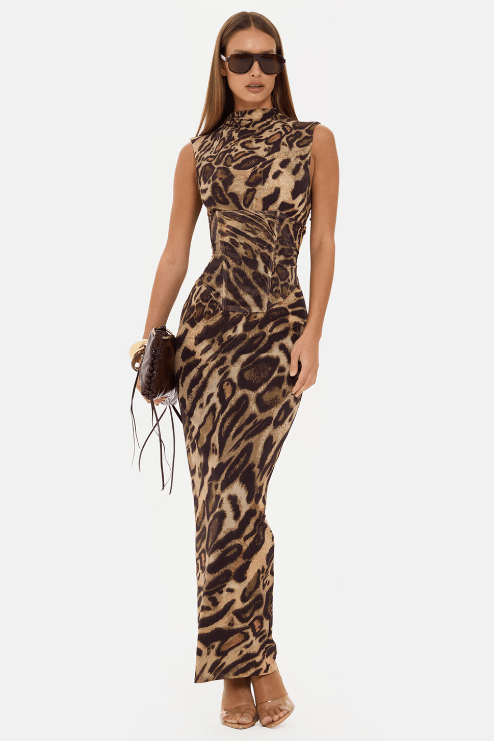 Women's Leopard Print Sleeveless Dress with Slim Waist and Drawstring - Long Commuter Skirt for Spring and Summer