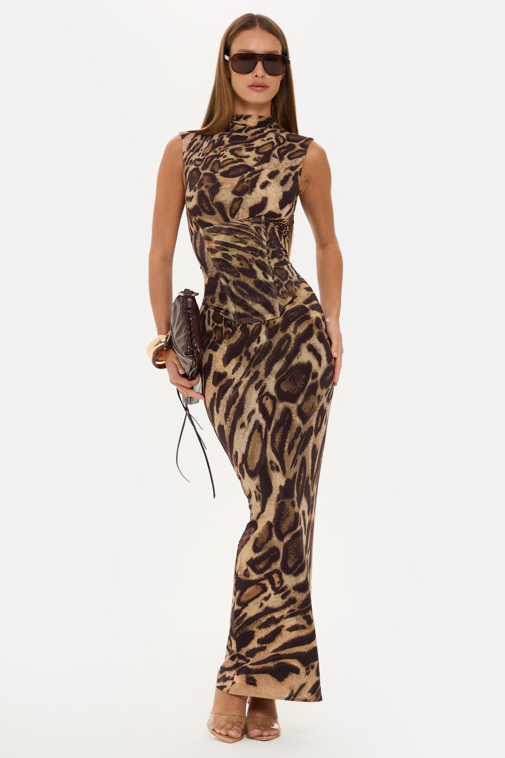 Women's Leopard Print Sleeveless Dress with Slim Waist and Drawstring - Long Commuter Skirt for Spring and Summer