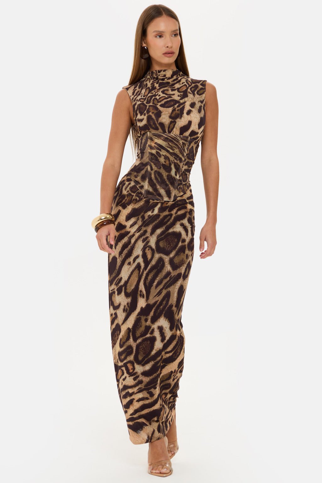 Women's Leopard Print Sleeveless Dress with Slim Waist and Drawstring - Long Commuter Skirt for Spring and Summer