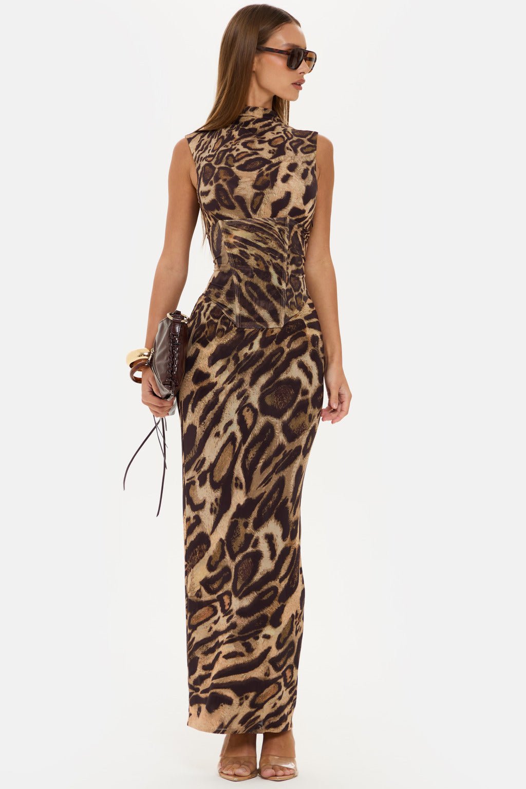 Women's Leopard Print Sleeveless Dress with Slim Waist and Drawstring - Long Commuter Skirt for Spring and Summer