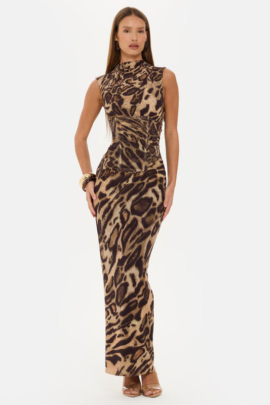 Women's Leopard Print Sleeveless Dress with Slim Waist and Drawstring - Long Commuter Skirt for Spring and Summer