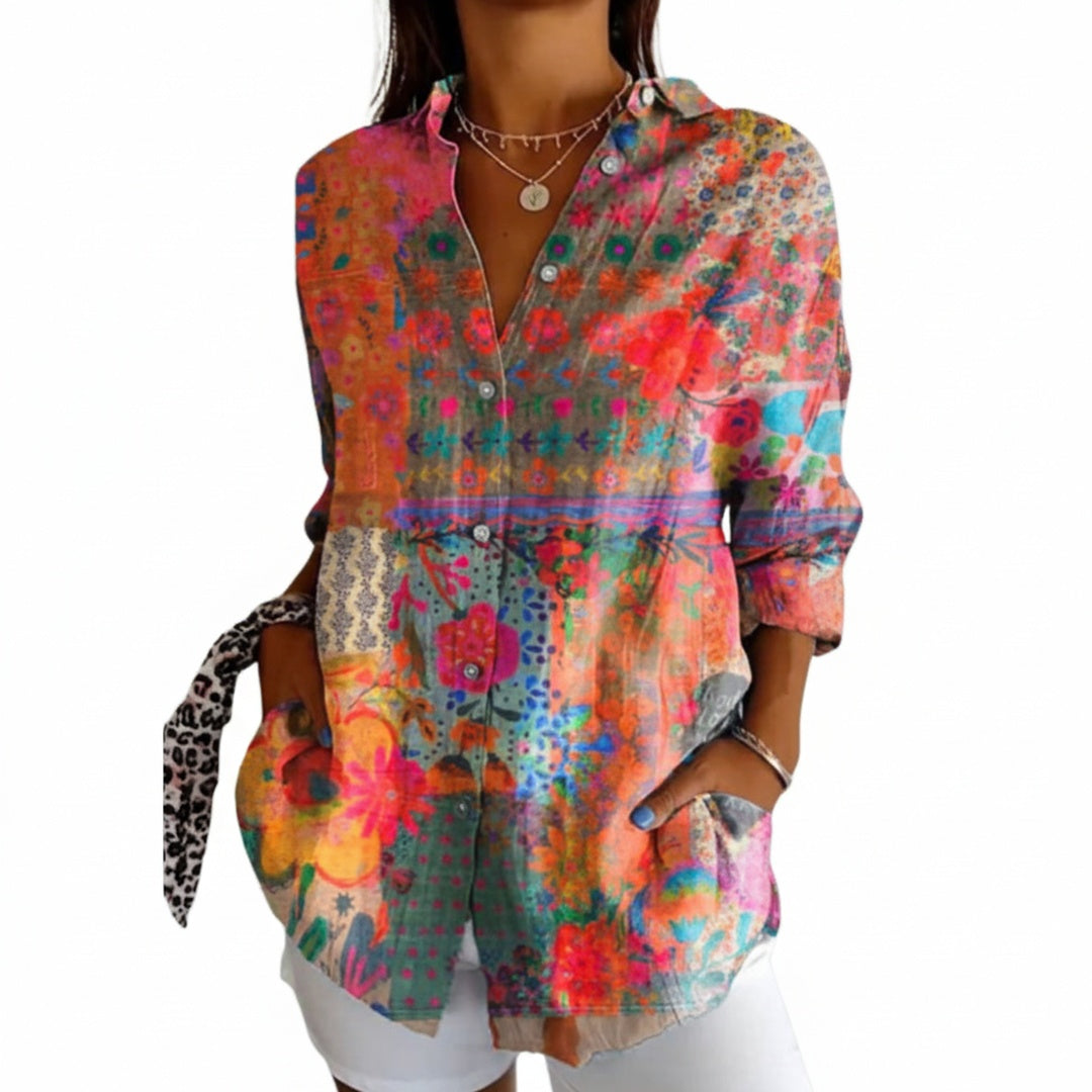 Ladies' Long Sleeve Blouse with Button-Down Collar and Loose Fit