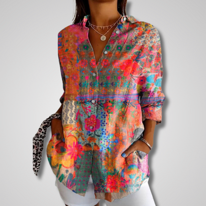 Ladies' Long Sleeve Blouse with Button-Down Collar and Loose Fit