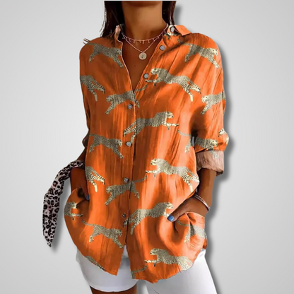 Ladies' Long Sleeve Blouse with Button-Down Collar and Loose Fit