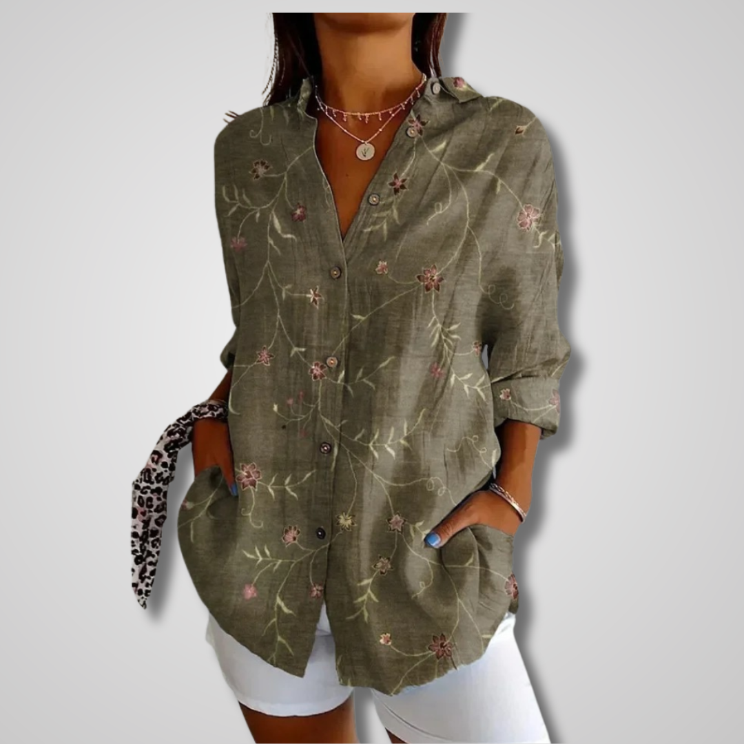 Ladies' Long Sleeve Blouse with Button-Down Collar and Loose Fit