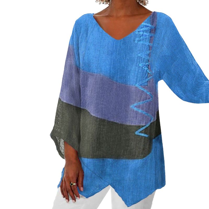 Ladies Blouse Long Sleeve with V-Neck and Asymmetrical Hem