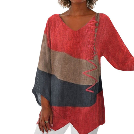 Ladies Blouse Long Sleeve with V-Neck and Asymmetrical Hem