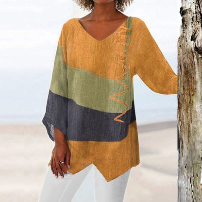 Ladies Blouse Long Sleeve with V-Neck and Asymmetrical Hem