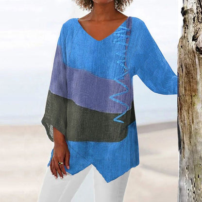 Ladies Blouse Long Sleeve with V-Neck and Asymmetrical Hem