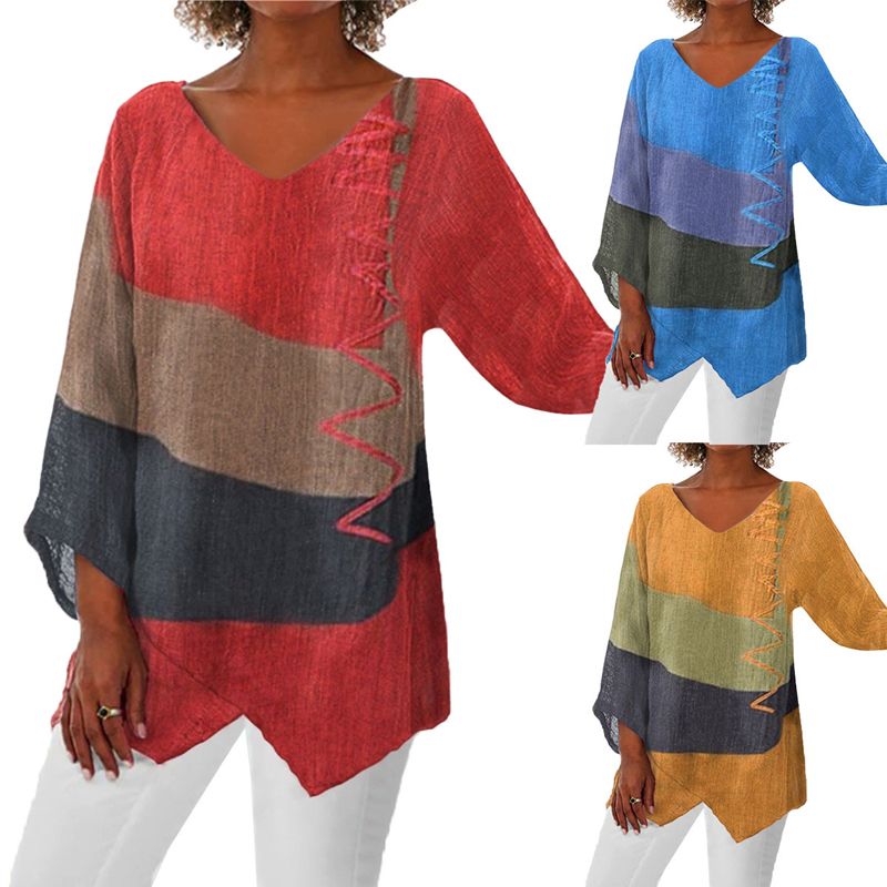 Ladies Blouse Long Sleeve with V-Neck and Asymmetrical Hem