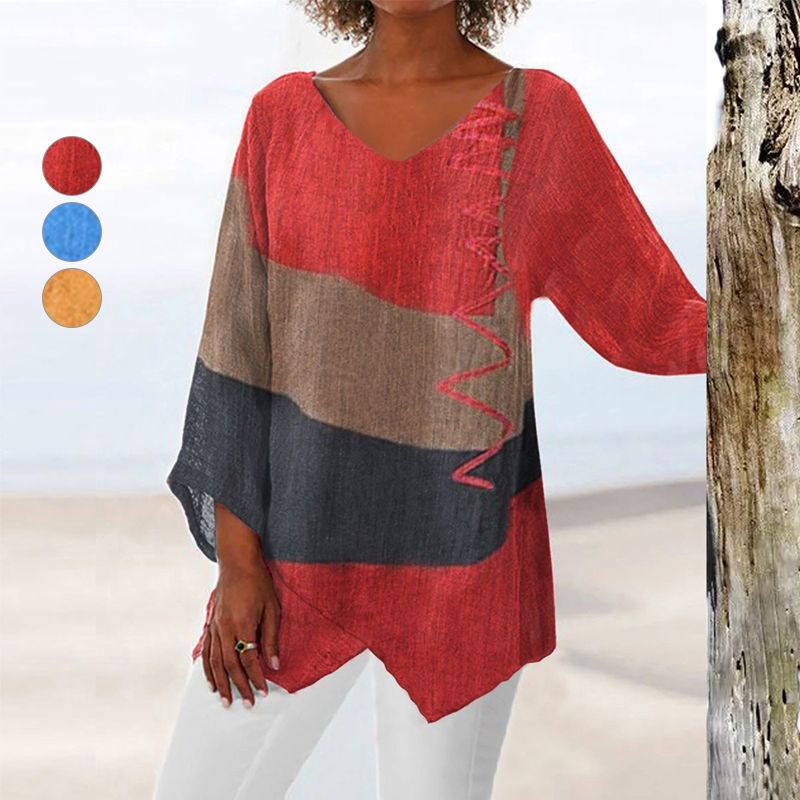 Ladies Blouse Long Sleeve with V-Neck and Asymmetrical Hem