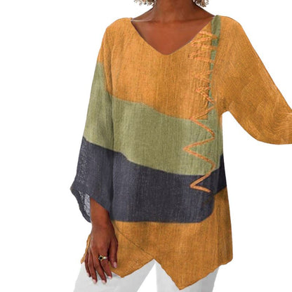 Ladies Blouse Long Sleeve with V-Neck and Asymmetrical Hem