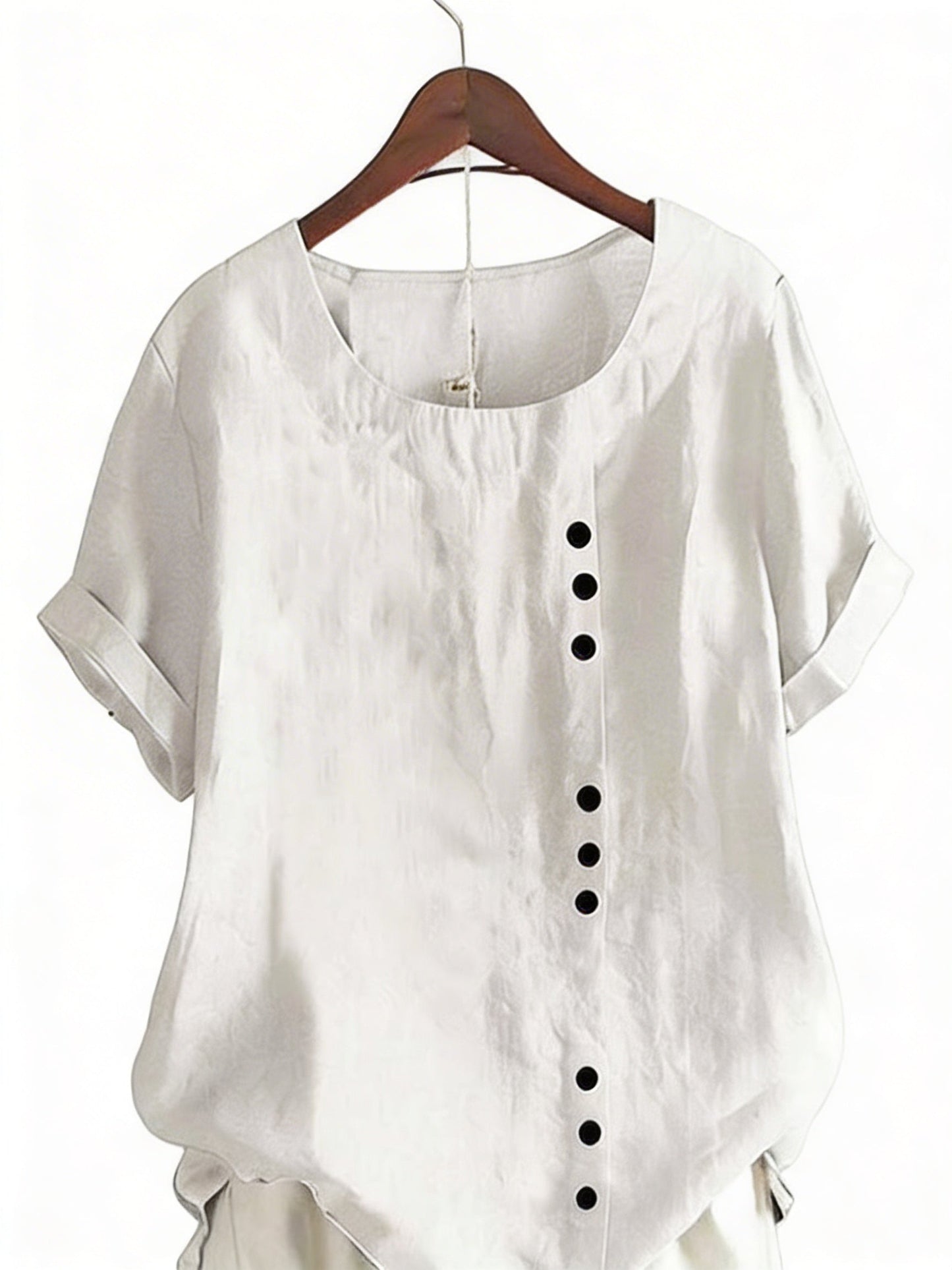 Women's Blouse with Short Sleeves and Button Closure, Round Neck