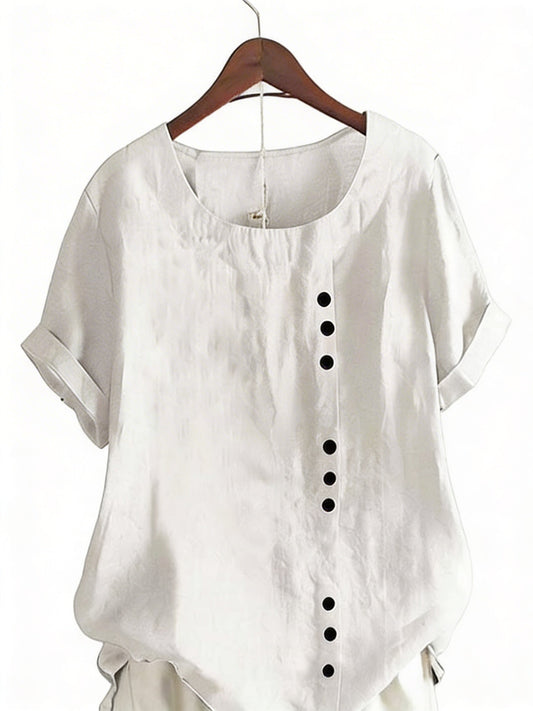 Women's Blouse with Short Sleeves and Button Closure, Round Neck