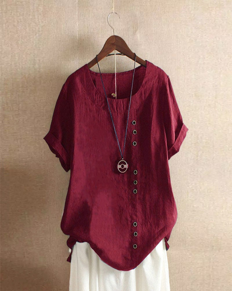Women's Blouse with Short Sleeves and Button Closure, Round Neck