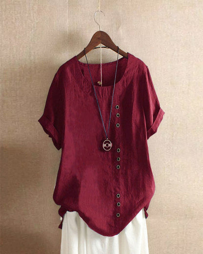 Women's Blouse with Short Sleeves and Button Closure, Round Neck