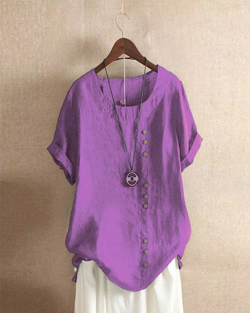 Women's Blouse with Short Sleeves and Button Closure, Round Neck