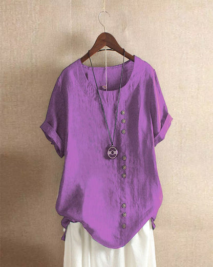Women's Blouse with Short Sleeves and Button Closure, Round Neck