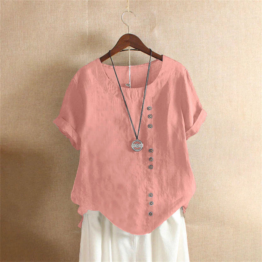 Women's Blouse with Short Sleeves and Button Closure, Round Neck