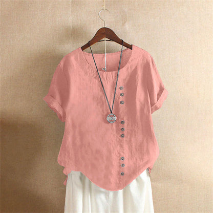 Women's Blouse with Short Sleeves and Button Closure, Round Neck