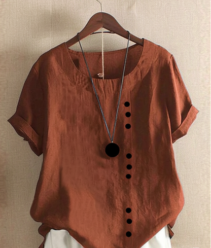 Women's Blouse with Short Sleeves and Button Closure, Round Neck