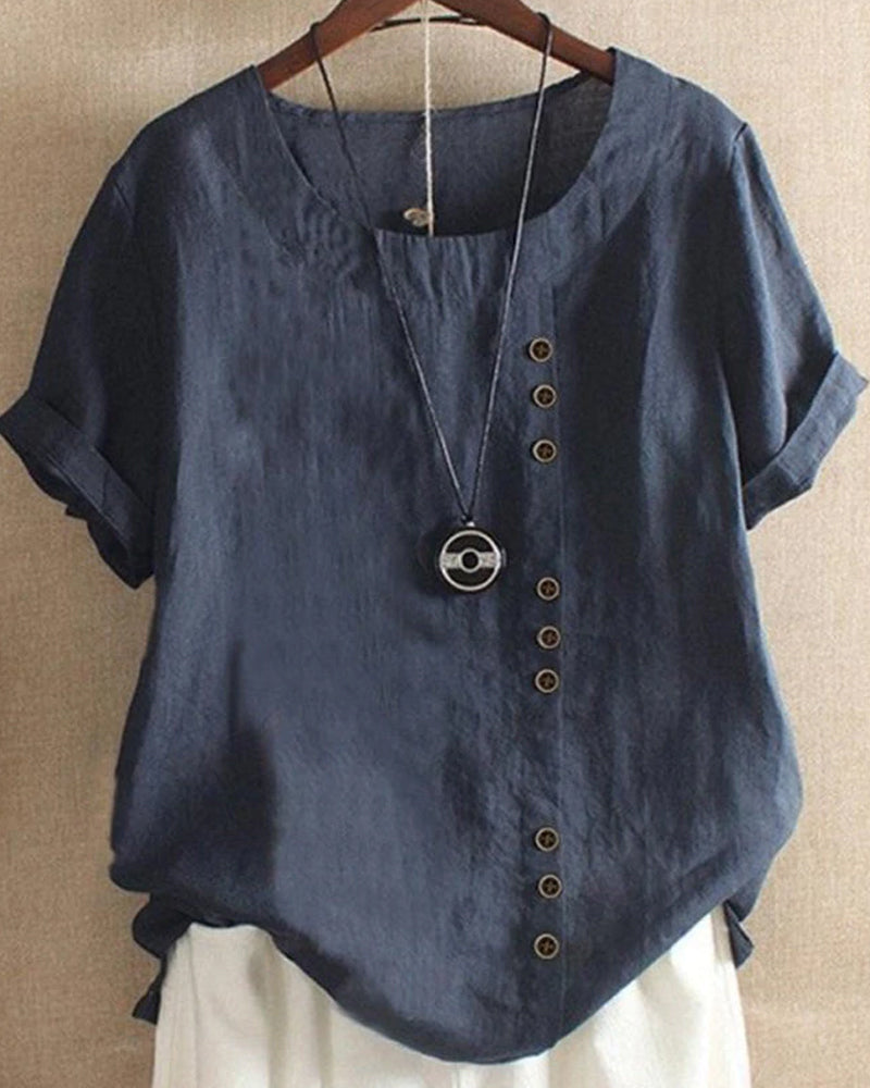 Women's Blouse with Short Sleeves and Button Closure, Round Neck