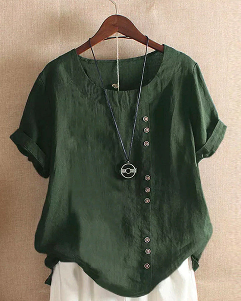 Women's Blouse with Short Sleeves and Button Closure, Round Neck