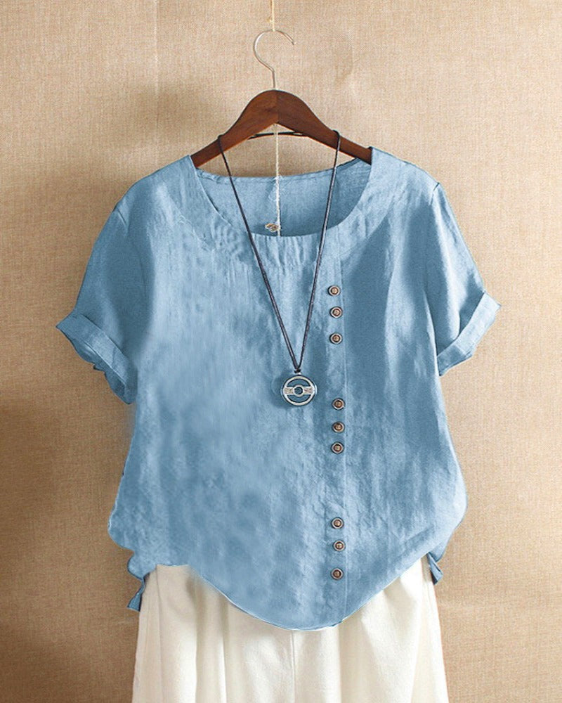 Women's Blouse with Short Sleeves and Button Closure, Round Neck