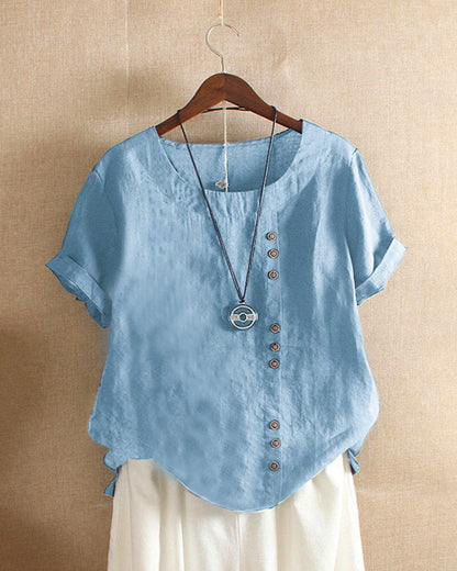 Women's Blouse with Short Sleeves and Button Closure, Round Neck