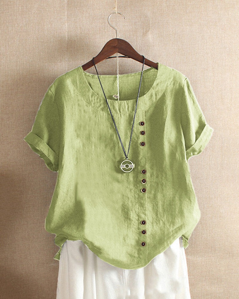 Women's Blouse with Short Sleeves and Button Closure, Round Neck