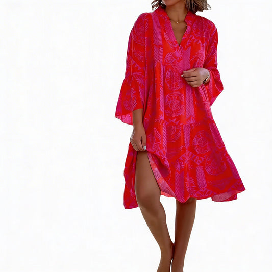 Ladies Boho Dress with V-Neck and Bell Sleeves