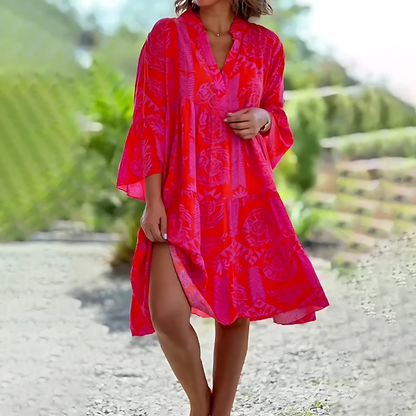 Ladies Boho Dress with V-Neck and Bell Sleeves