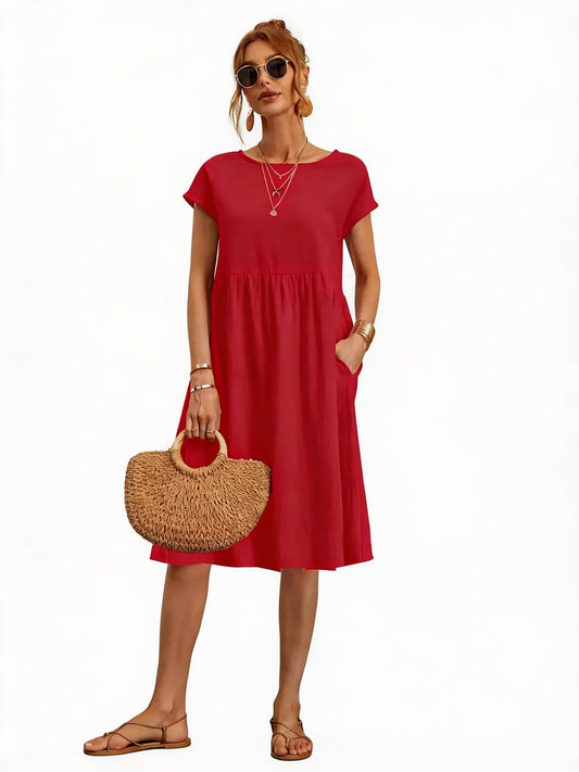 Ladies Casual Midi Dress with Round Neck and Short Sleeves with Pockets