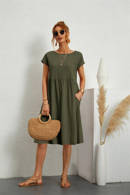 Ladies Casual Midi Dress with Round Neck and Short Sleeves with Pockets
