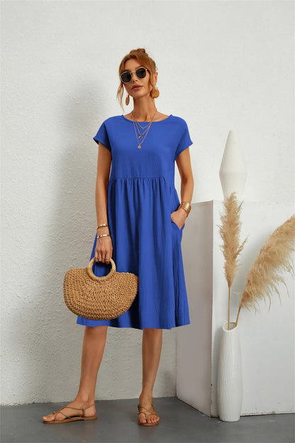 Ladies Casual Midi Dress with Round Neck and Short Sleeves with Pockets