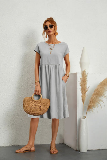 Ladies Casual Midi Dress with Round Neck and Short Sleeves with Pockets