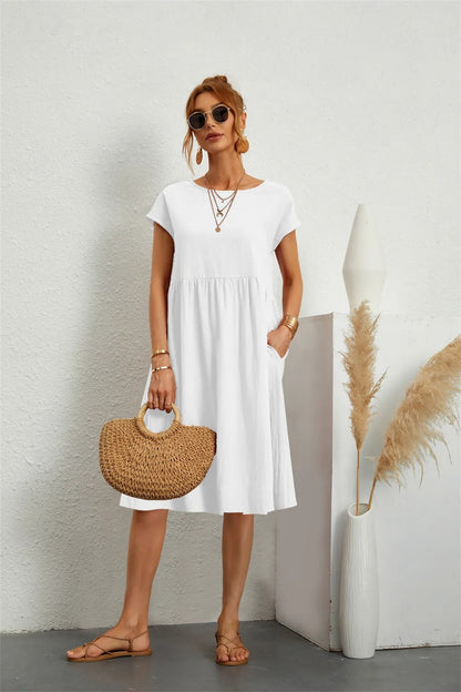 Ladies Casual Midi Dress with Round Neck and Short Sleeves with Pockets